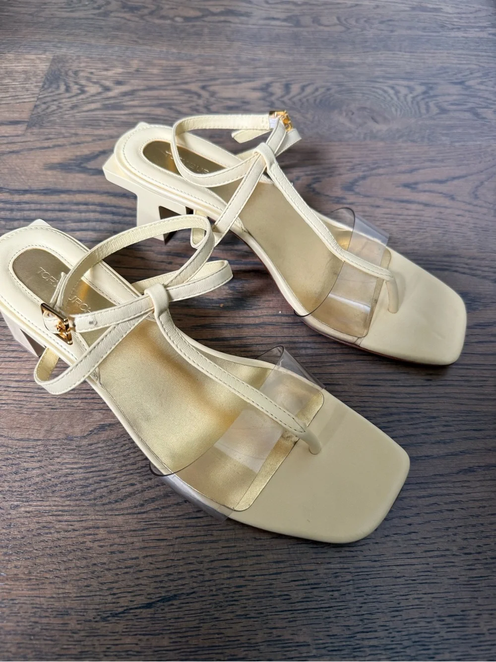 Tory Burch Block T strappy sandals in butter yellow with PVC straps, 9.5. EUC.
